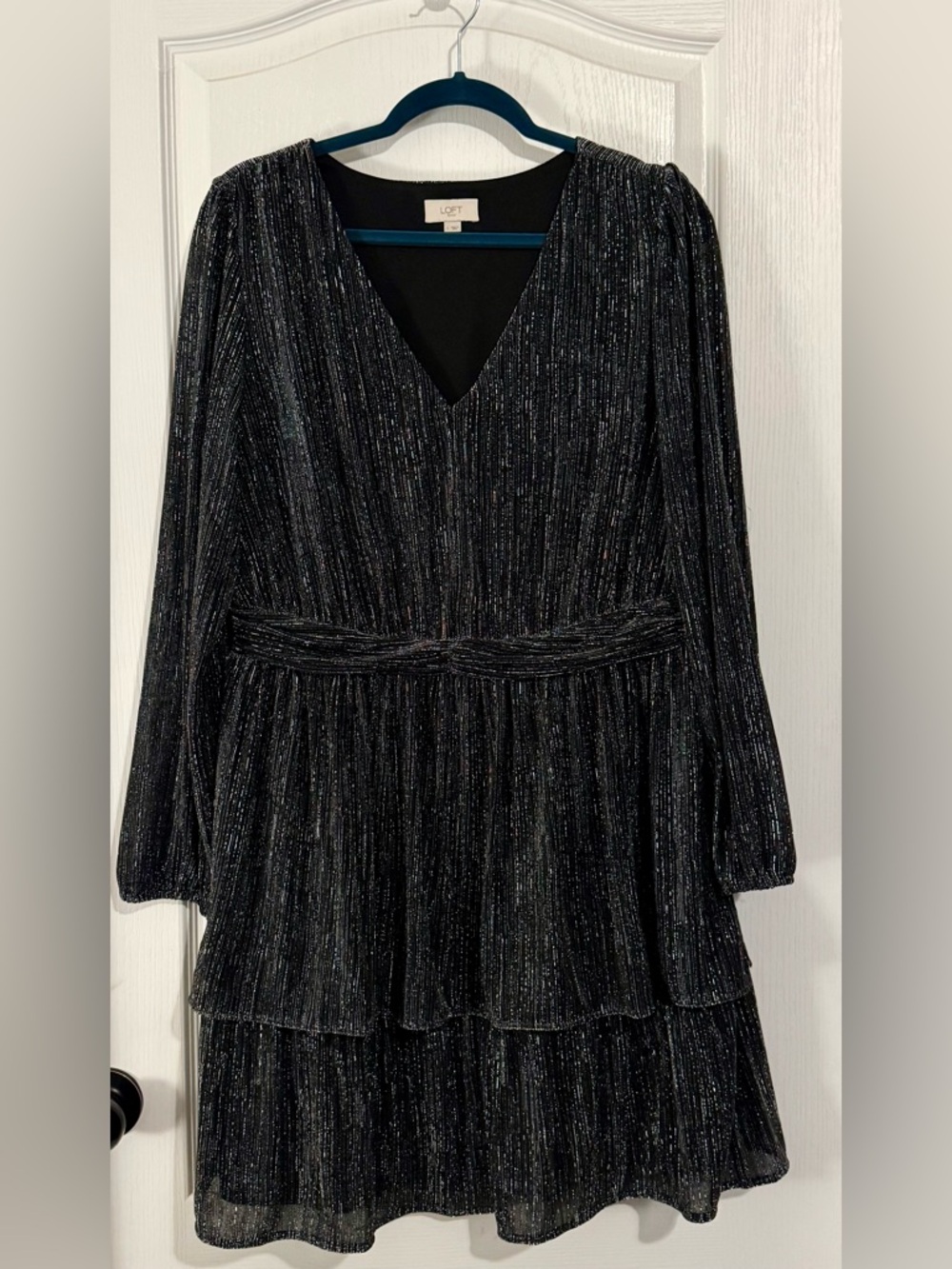 LOFT Black Metallic Long-Sleeve V-Neck Tiered Dress with Silver Lurex
